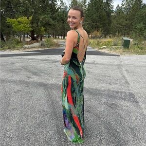 Backless Green Abstract-Print Maxi Dress with Strappy Detail